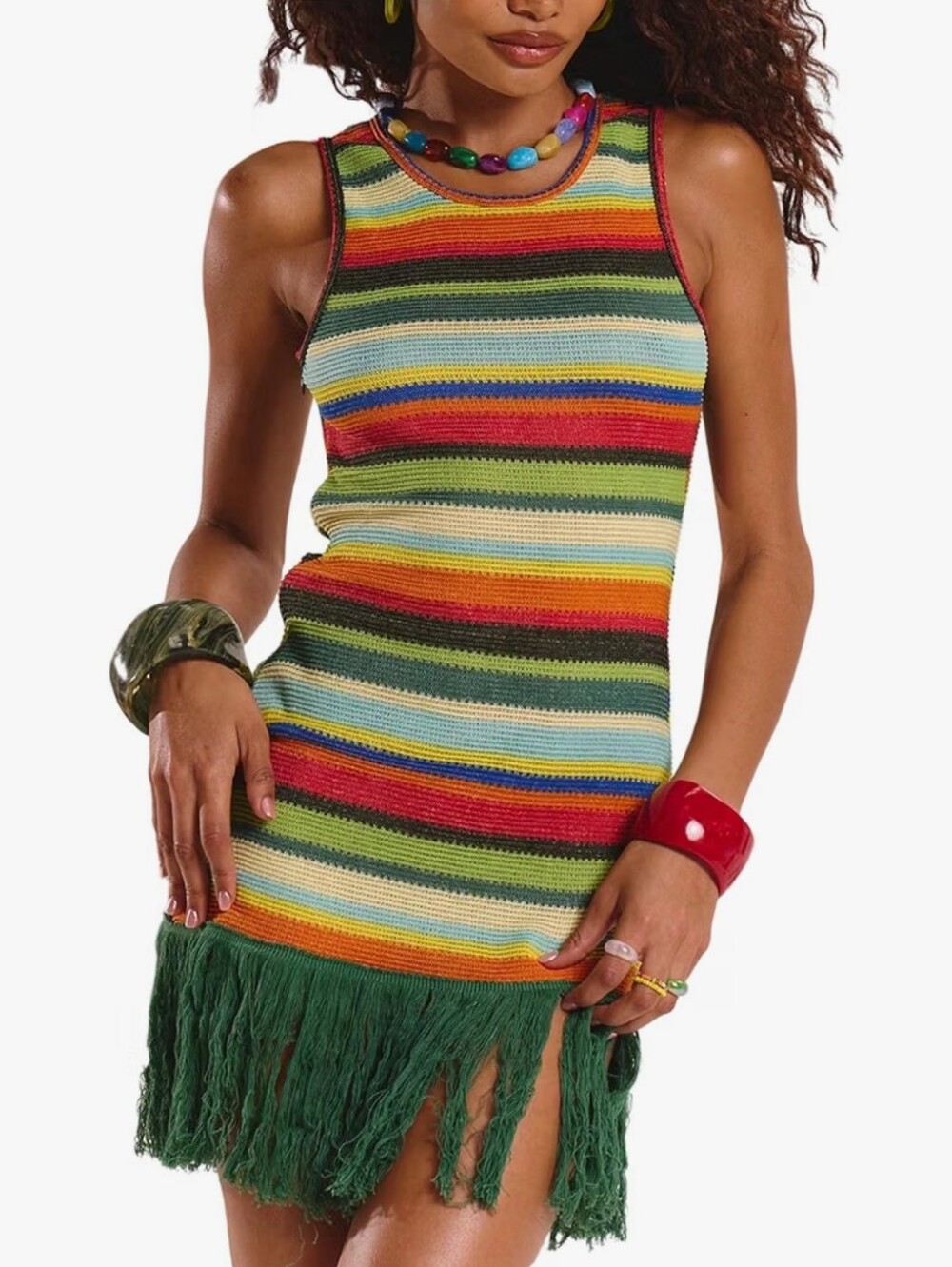 Striped Fringe Mini Dress Sleeveless Bodycon
